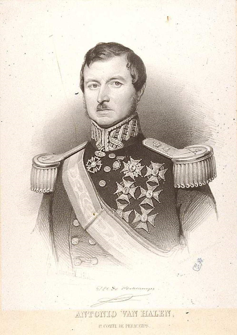 Litografía histórica de Antonio Van-Halen y Sarti, de busto y con uniforme militar, por Joseph Schubert